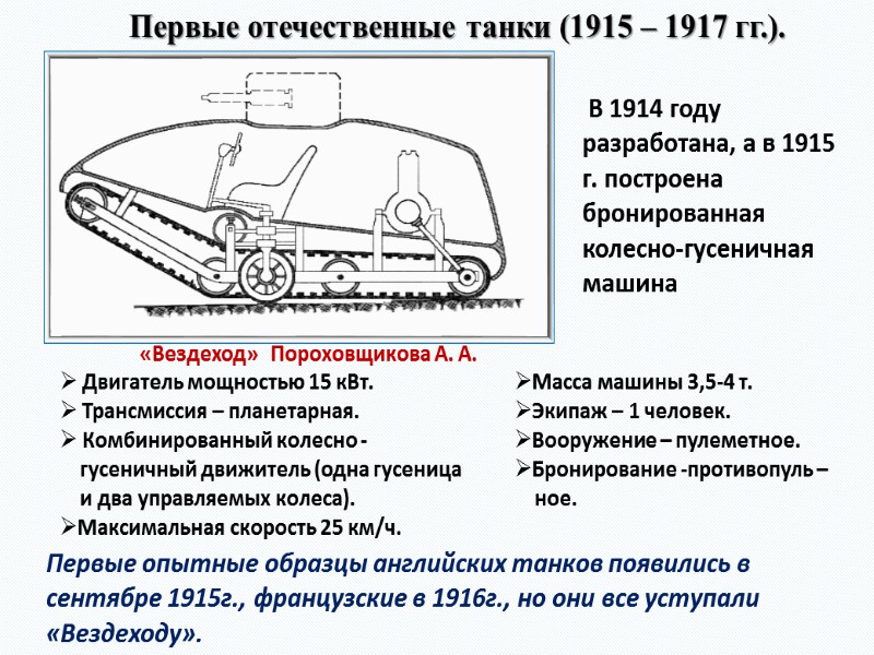 Первые отечественные танки (1915 – 1917 гг.).  В 1914 году  разработана, а